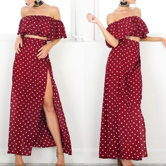Off Shoulder Vintage Dot Long Maxi Dress - Picture 2 of 8